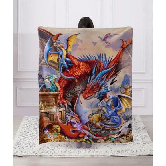 New Dragon Treasure Plush Throw Blanket Mystical Gift Dragons Gold Coins Jewels - Picture 2 of 3